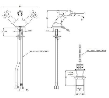 Lefroy Brooks Connaught Monobloc Bidet Mixer With Plug & Chain Waste (choose finish)