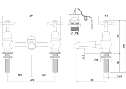 Burlington Claremont Regent 2TH Bridge Swivel Spout Mixer With Plug & Chain Waste  - Black Handle