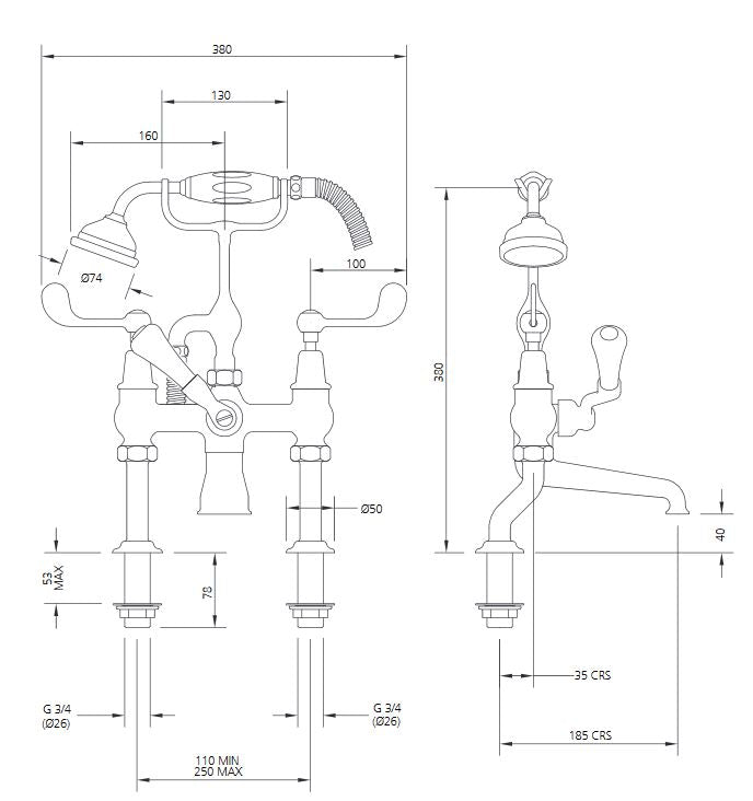 Lefroy Brooks Connaught Lever Deck Mounted Bath Shower Mixer With Hose & Handset (choose finish)