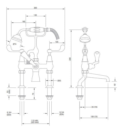 Lefroy Brooks Connaught Lever Deck Mounted Bath Shower Mixer With Hose & Handset (choose finish)