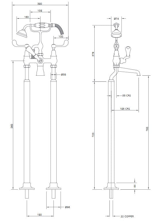 Connaught Lever Bath Shower Mixer with Stand Pipes - A/Gold