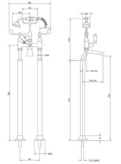 Connaught Lever Bath Shower Mixer with Stand Pipes - A/Gold