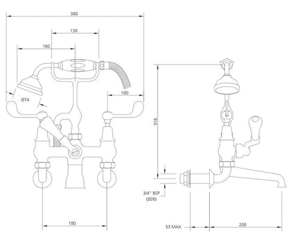 Lefroy Brooks Connaught Lever W/Mounted Bath Mixer & Handset - Chrome