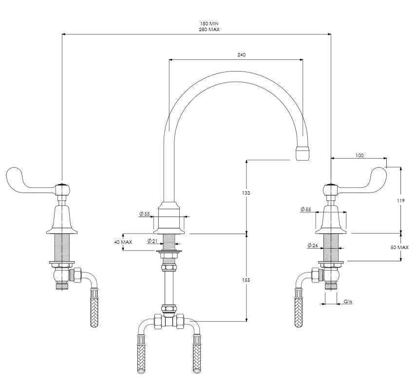 Lefroy Brooks Connaught Lever 3 Tap Hole Kitchen Mixer & Click Up Waste (choose finish)