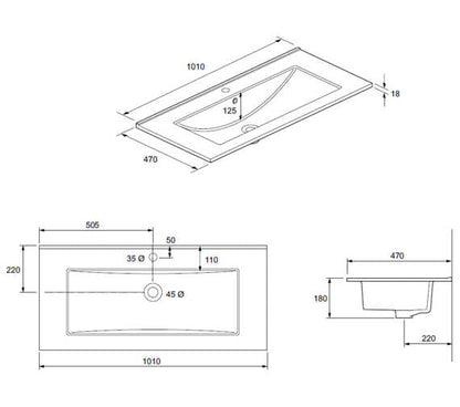 Crosswater Glide 710x470mm Top Washbasin 1 Tap Hole