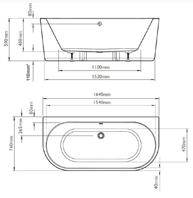 BC Designs Ancora 1640 x 760mm Free Standing Back To Wall Double Ended Bath White Gloss