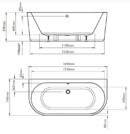BC Designs Ancora 1640 x 760mm Free Standing Back To Wall Double Ended Bath White Gloss