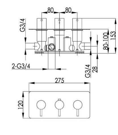 Just Taps Leo Thermostatic Concealed 3 Outlet Shower Valve, Horizontal