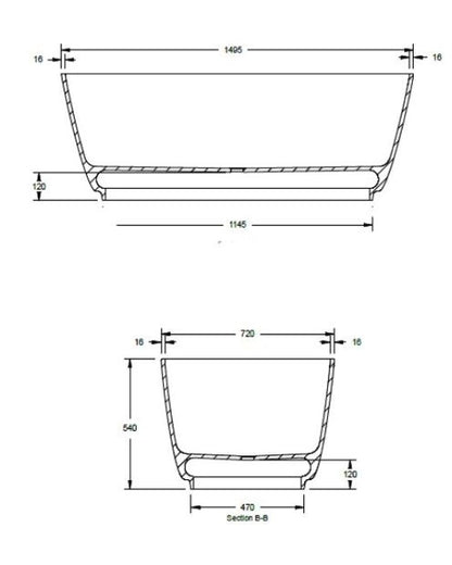 BC Designs Divita 1495 x 720mm Composite Free Standing Bath Double Ended White Silk Matt