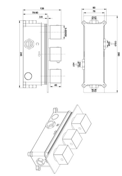 Square Chrome Concealed Shower Valve 2 outlet