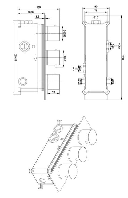 Lever Chrome Concealed Shower Valve 3 outlet