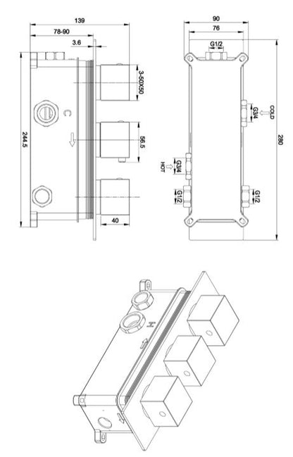 Square Chrome Concealed Shower Valve 3 outlet