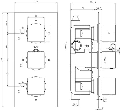 Square Chrome Concealed Shower Valve 2 outlet