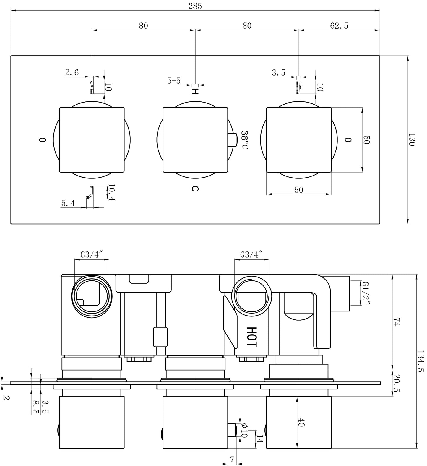 Square Chrome Concealed Shower Valve 3 outlet