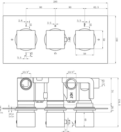 Square Chrome Concealed Shower Valve 3 outlet