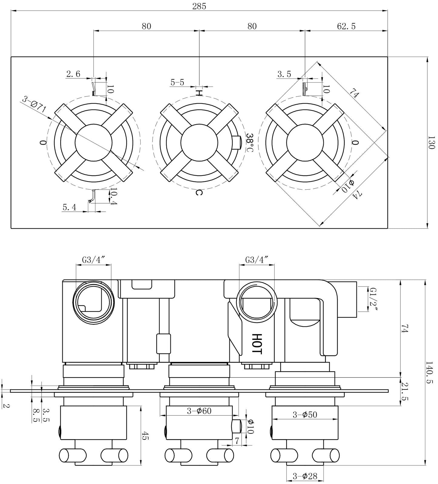 Cross Chrome Concealed Shower Valve 3 outlet