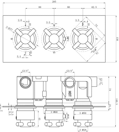 Cross Chrome Concealed Shower Valve 3 outlet