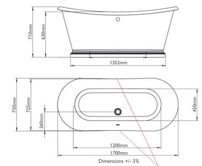BC Designs The Boat Bath 1700 x 750mm Free Standing Double Ended Bath White Gloss With Aluminium Plinth