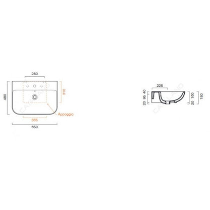 Catalano Sfera 650 x 480 Wall Mounted Basin w/ 1 Tap Hole