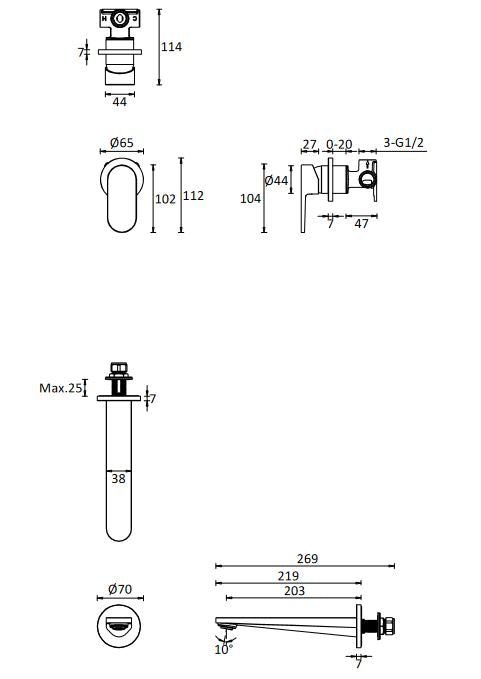 Drift 2 Hole Basin Set Wall Mounted - Brushed Brass