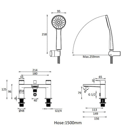 Drift Chrome Deck Mounted Bath Shower Mixer w/ 2 Tap Holes