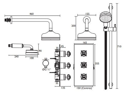 Dawlish Concealed Valve, Twin Stopcocks, Deluxe Fixed Head