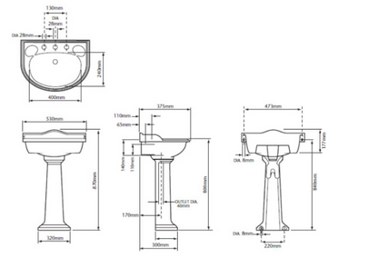 Heritage Dorchester 530 x 375 Cloakroom Basin w/ 2 Tap Holes