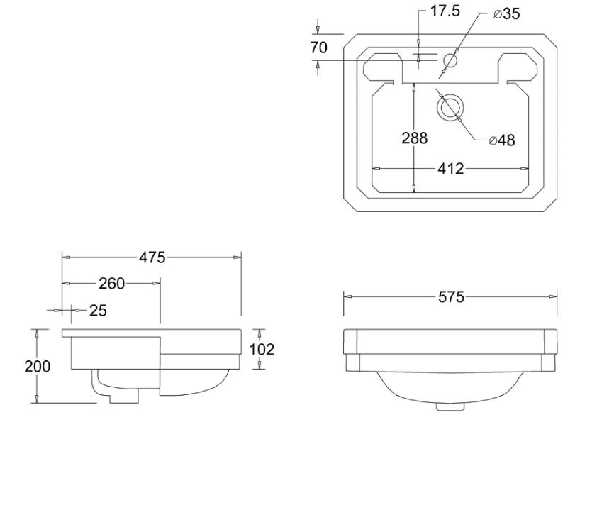 Burlington Edwardian Semi Recessed Basin w/ 2 Tap Holes