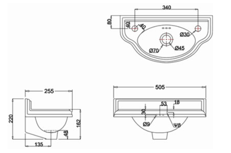 Burlington 505 x 255mm Cloakroom Curved Front Basin 2 Hole
