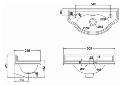 Burlington 505 x 255mm Cloakroom Curved Front Basin 2 Hole