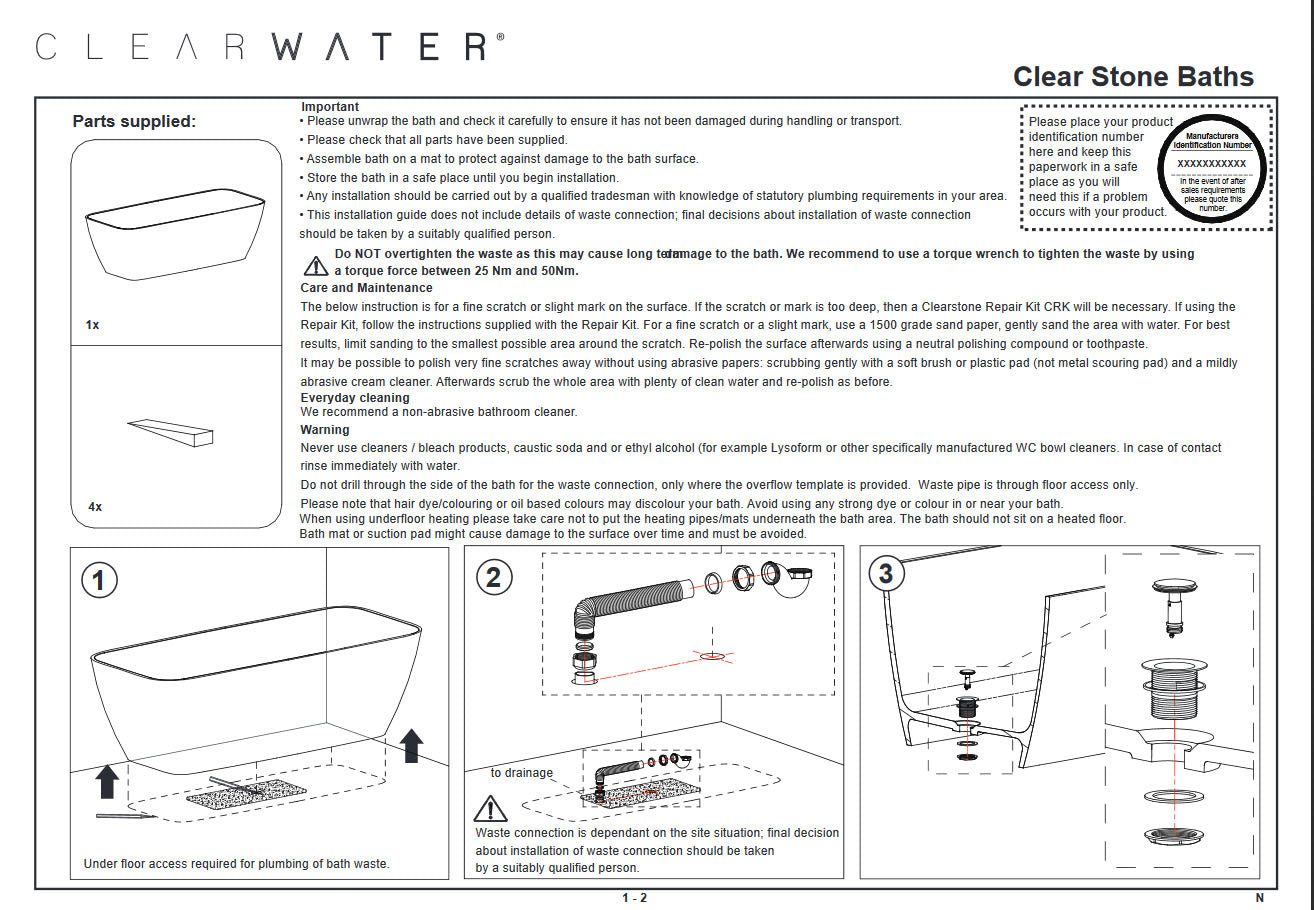 Clearwater Uno 1550 x 725mm ClearStone Double Ended Bath