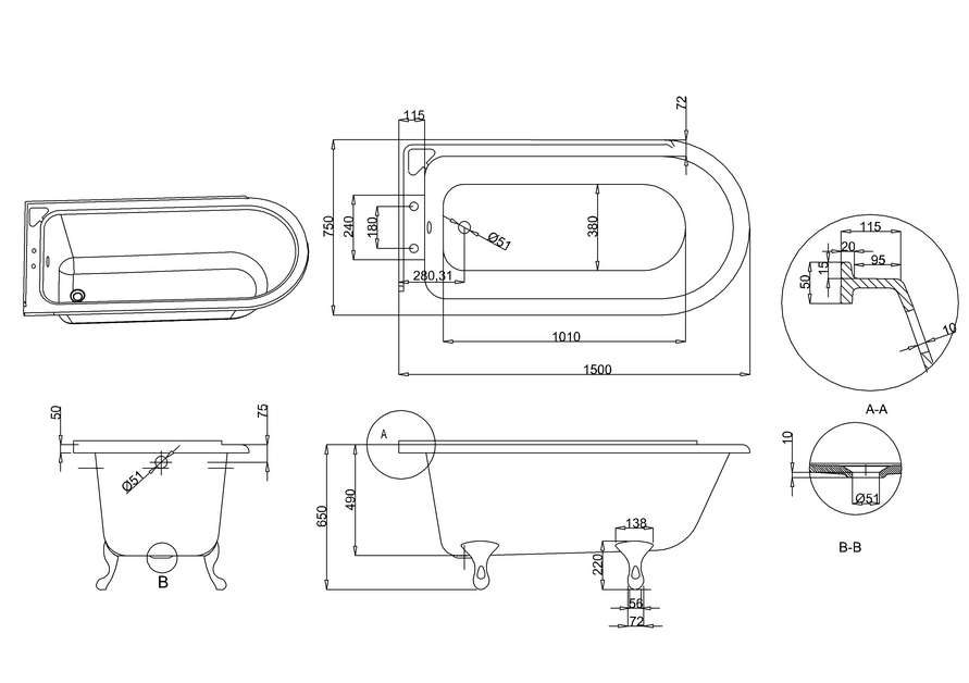 Hampton Showering 150cm Bath LH With White Classical Legs