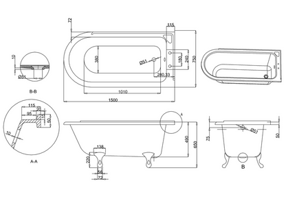 Hampton Showering 150cm Bath Right With White Classical Legs