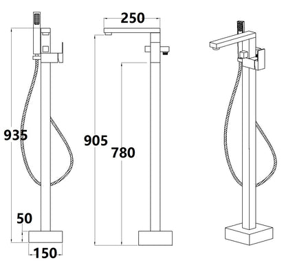 Square Chrome Floor Bath Shower Mixer w/Hose and Handset