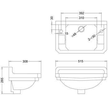 Burlington Edwardian 515 x 308mm Cloakroom Basin 2 Tap Hole