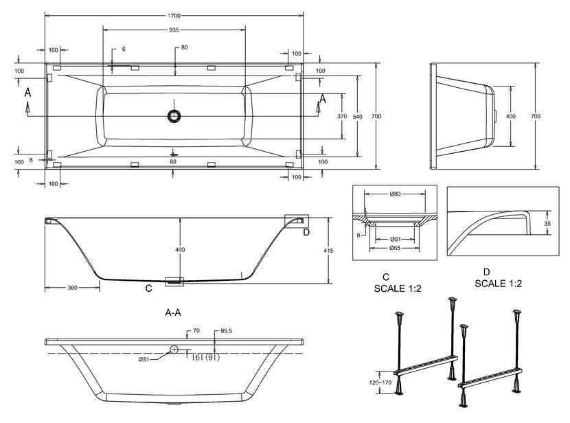 Enviro 1800 x 800 x 415mm Double Ended Bath - White Gloss