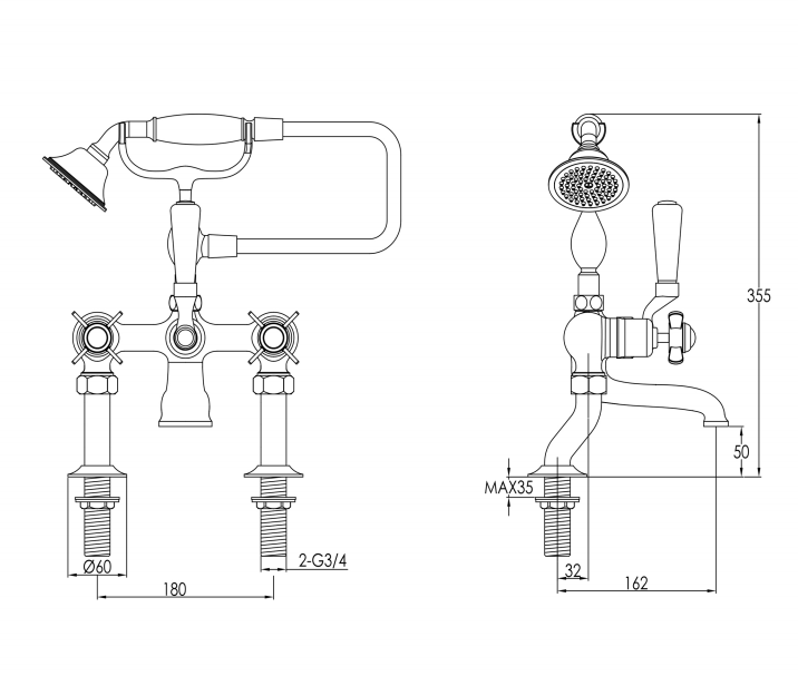 Just Taps Grosvenor Cross Deck Mounted Bath Shower Mixer With Kit - Nickel
