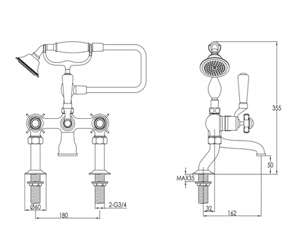 Just Taps Grosvenor Cross Deck Mounted Bath Shower Mixer With Kit - Nickel