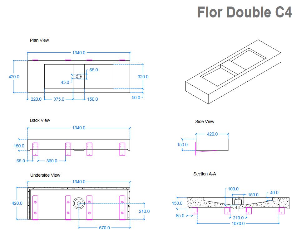 Kast Flor Double Basin 1340mm x 420mm (choose colour)