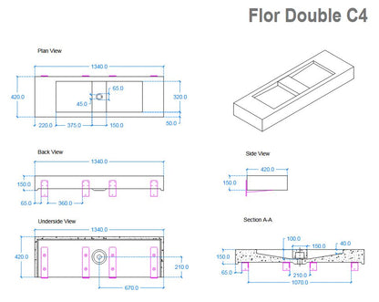 Kast Flor Double Basin 1340mm x 420mm (choose colour)
