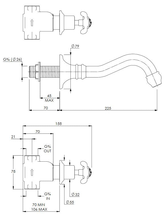 Lefroy Brooks La Chapelle 3 Hole Wall Mounted Bath Mixer (choose finish)