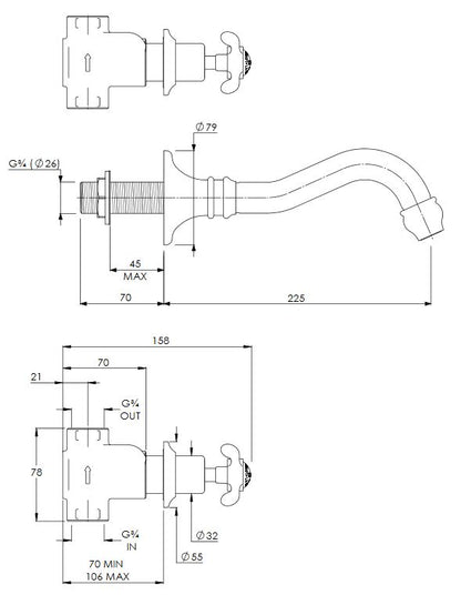 Lefroy Brooks La Chapelle 3 Hole Wall Mounted Bath Mixer (choose finish)