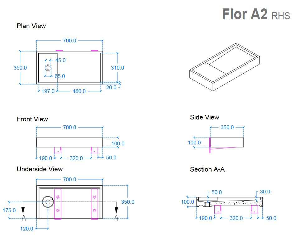 Kast Flor 700 x 350mm Rectangular Right Hand Basin