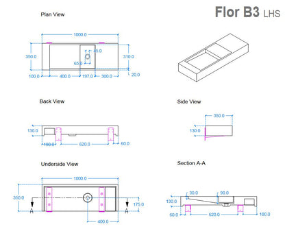 Kast Flor 1000 x 350mm Rectangular Concrete Left Hand Basin