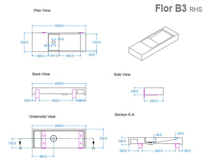 Kast Flor Right Hand Basin 1000mm x 350mm (choose colour)