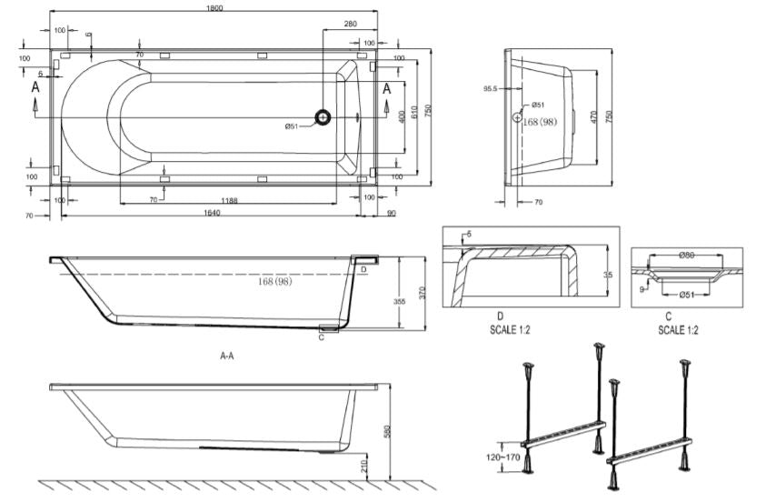 Flow Single Ended 1800 x 750mm Acrylic Single Ended Bath