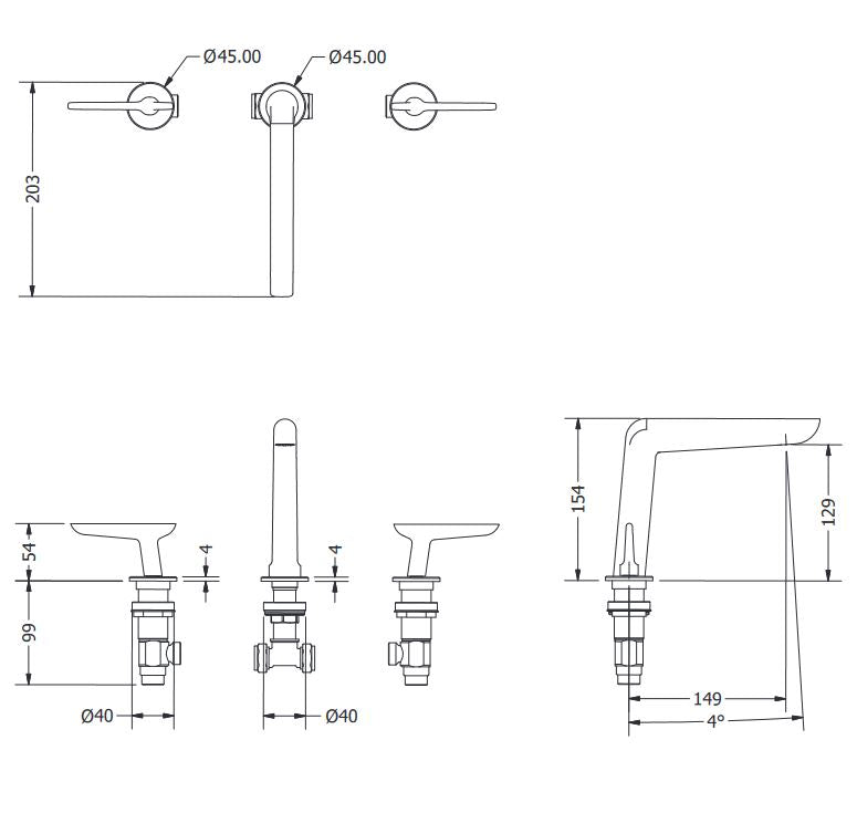 Crosswater Foile 3 Tap Hole deck Mounted Basin Mixer Brushed Brass
