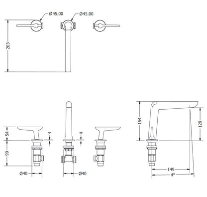 Crosswater Foile 3 Tap Hole deck Mounted Basin Mixer Brushed Brass