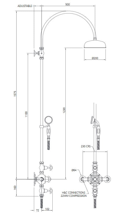 Lefroy Brooks La Chapelle Shower Mixer, Riser & 200mm Head - Chrome
