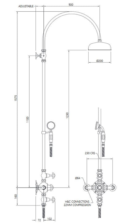 Lefroy Brooks La Chapelle Shower Mixer, Riser & 200mm Head - Chrome